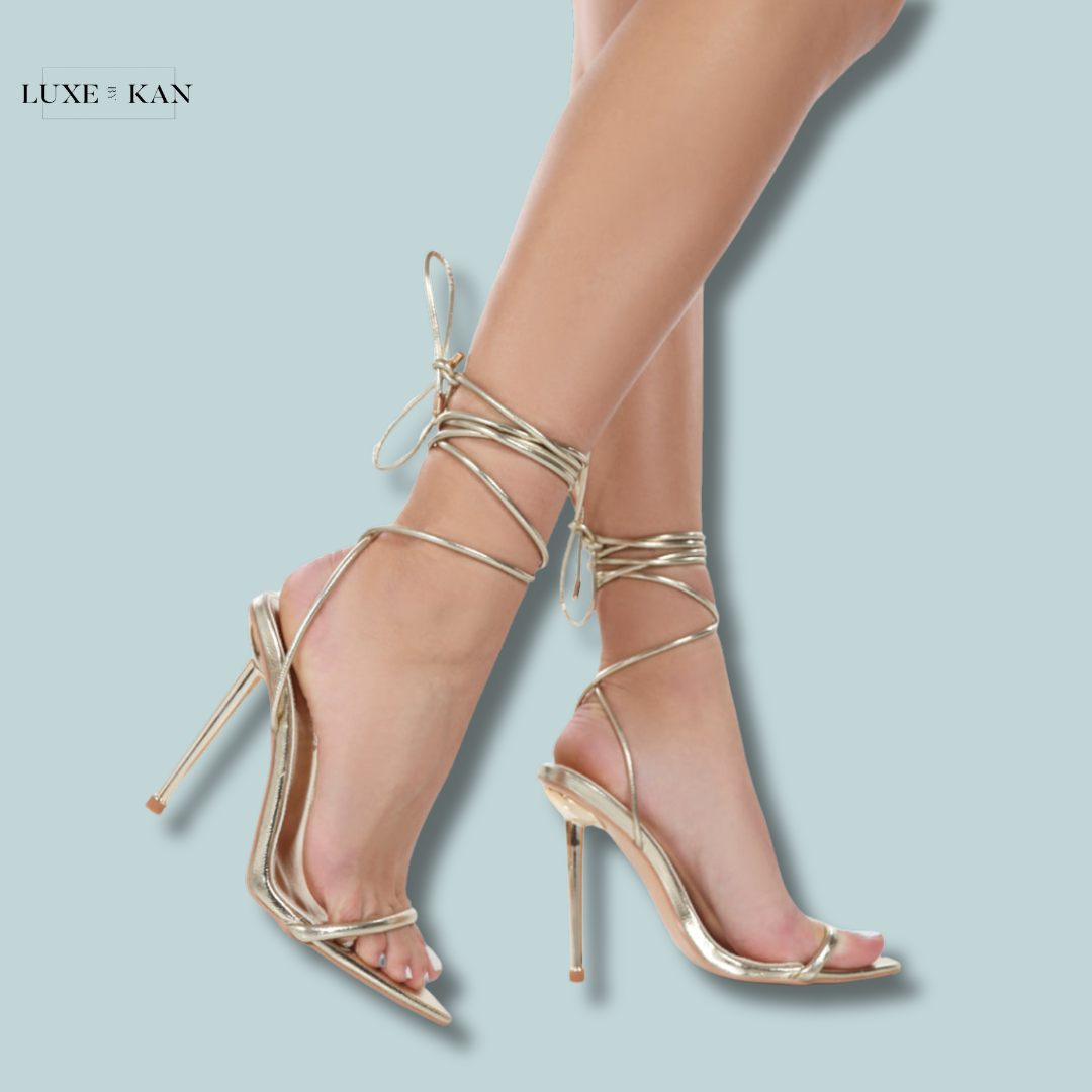 PUBLIC DESIRE LOOK BACK GOLD METALLIC PU POINTED TOE LACE UP STILETTO HEELS