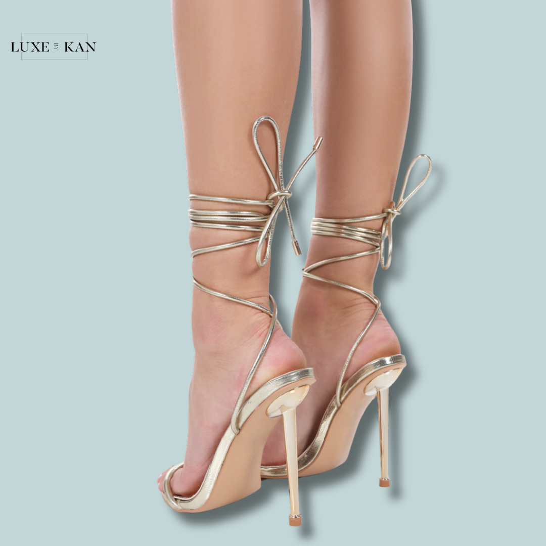 PUBLIC DESIRE LOOK BACK GOLD METALLIC PU POINTED TOE LACE UP STILETTO HEELS