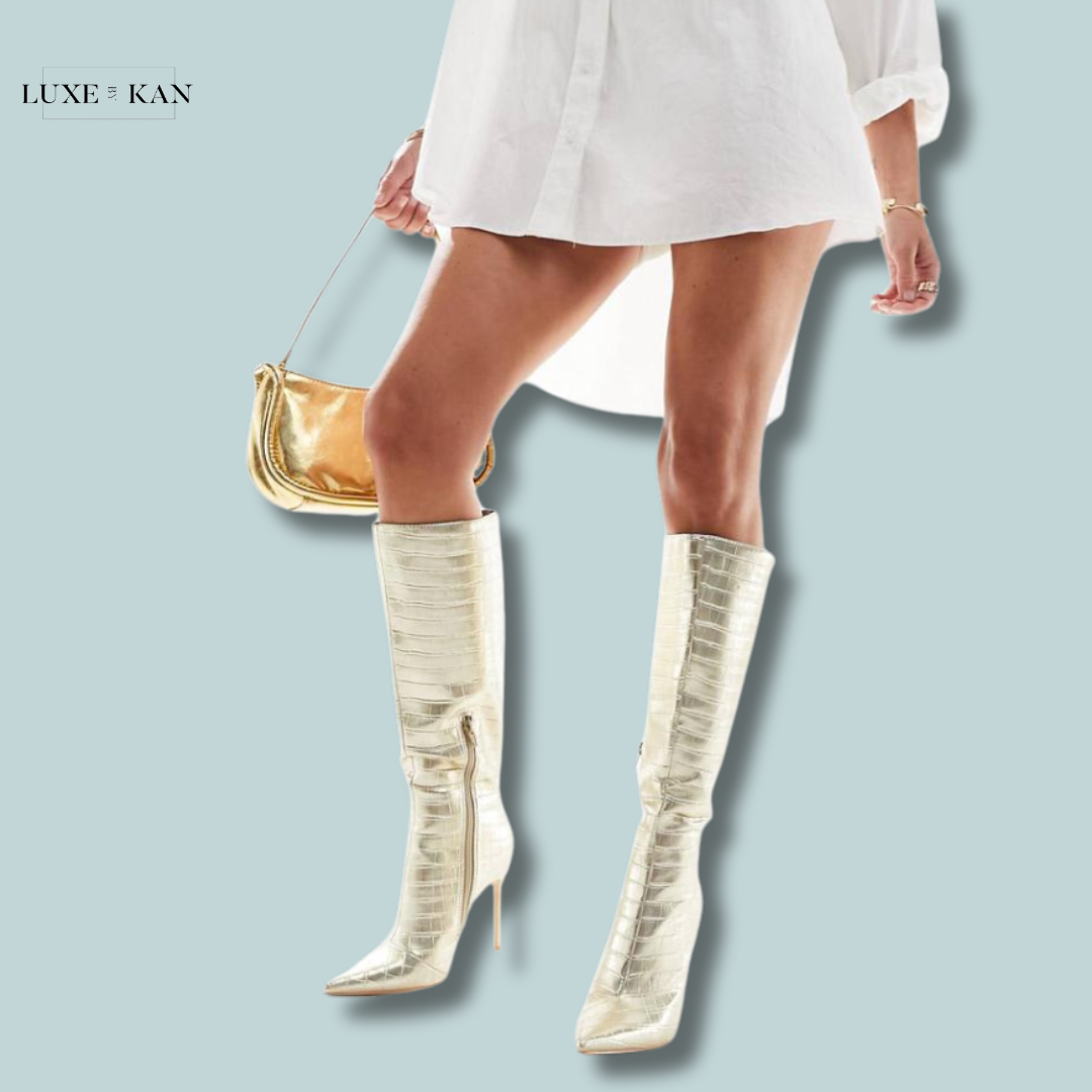 Public Desire Horizon heeled knee boot in gold croc