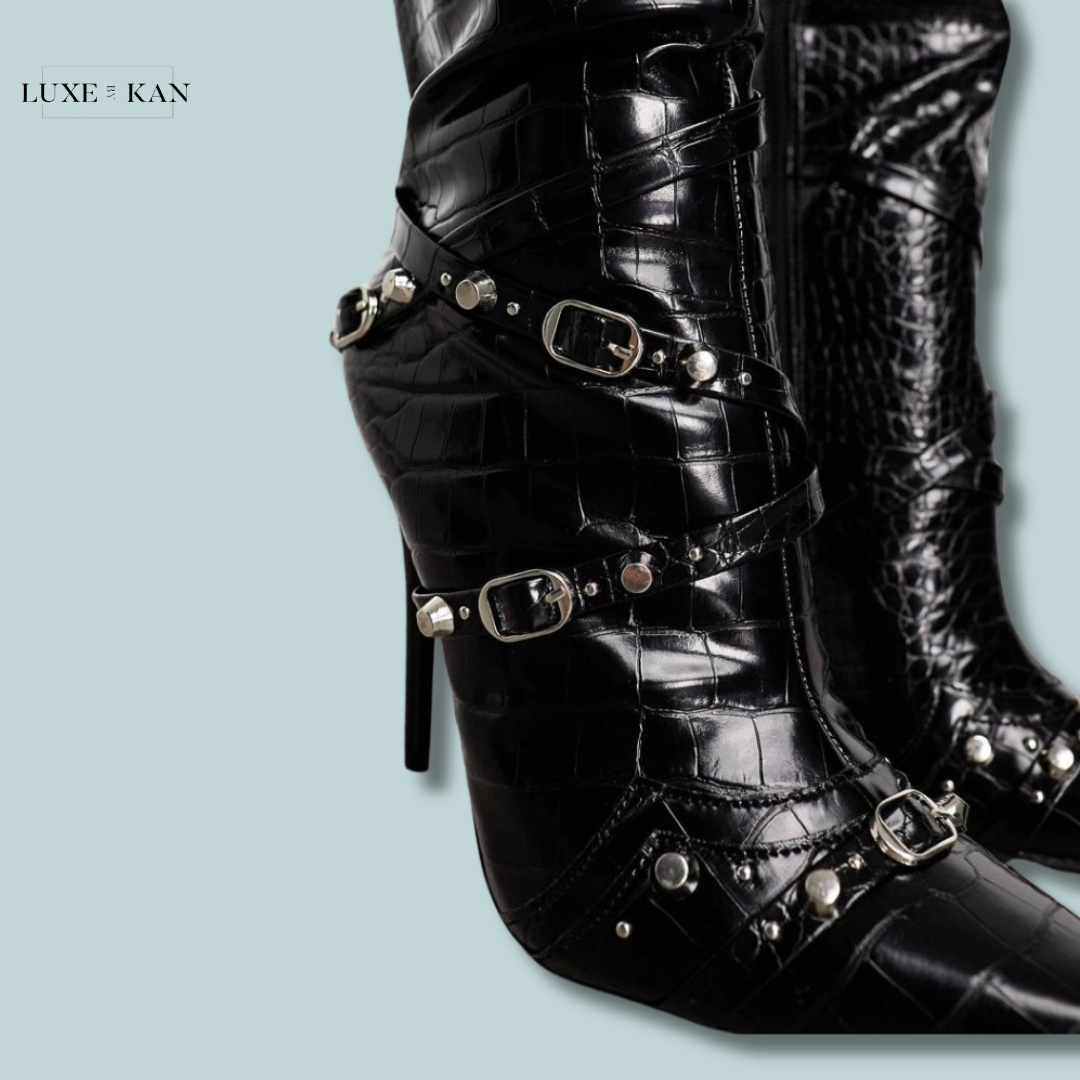 Public Desire Worthy buckle detail heeled boots in black croc