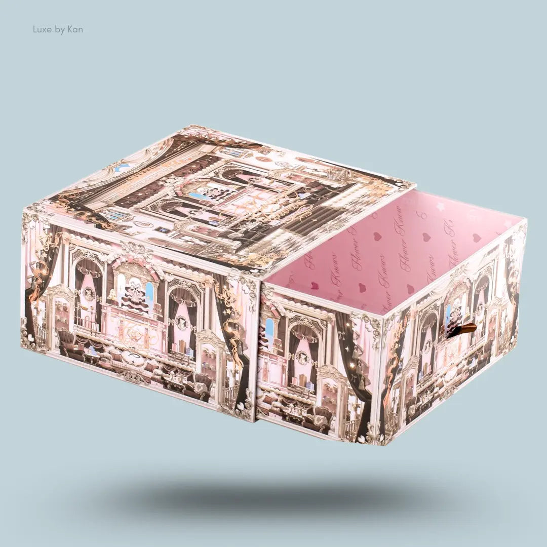 Flower Knows The Sweetie Bear Gift Wrapping Box, blue ocean-themed drawer box with shell pattern