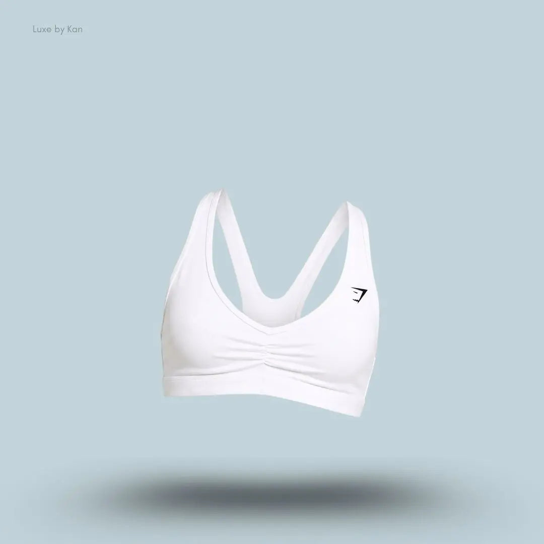 Gymshark Ruched Sports Bra 2.0 White medium support ruched v-neck racerback women's sports bra front view India