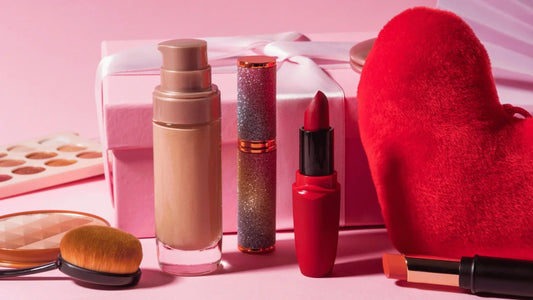 Gifts for Makeup Lovers with foundation, lipstick, eyeshadow palette, brush, and beauty set on a pink background.
