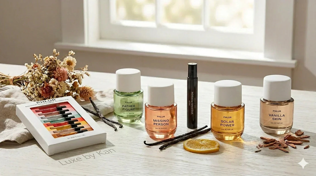 A collection of Phlur perfumes, including Father Figure and Missing Person, arranged on a table with a discovery set.