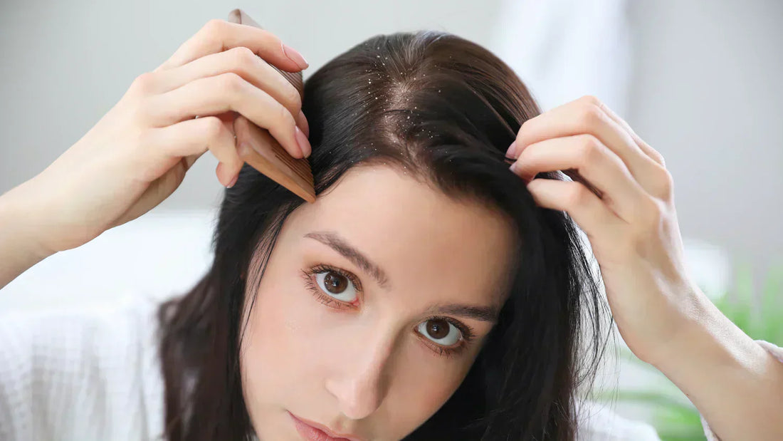 A women using wooden comb to part her dark hair, showing dandruff on the scalp