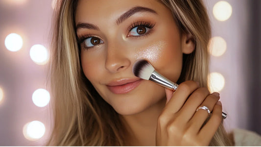 Close-up of a woman smiling with shimmery skin, applying makeup with a brush, with out-of-focus lights in background.