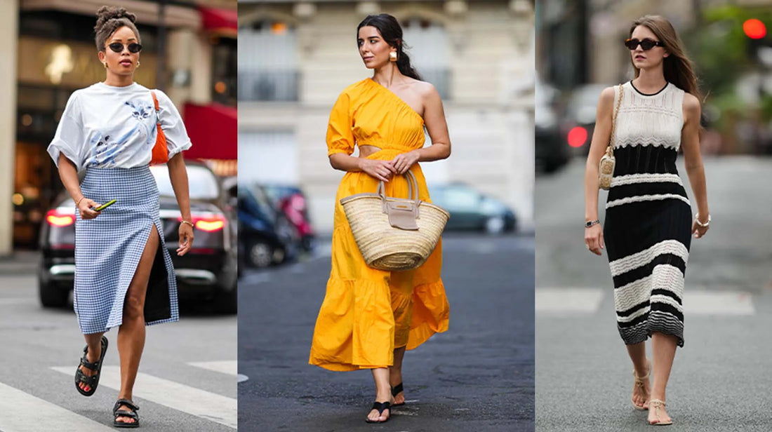 A woman in summer dress enjoying the warmth of the sun in a relaxed, stylish setting.