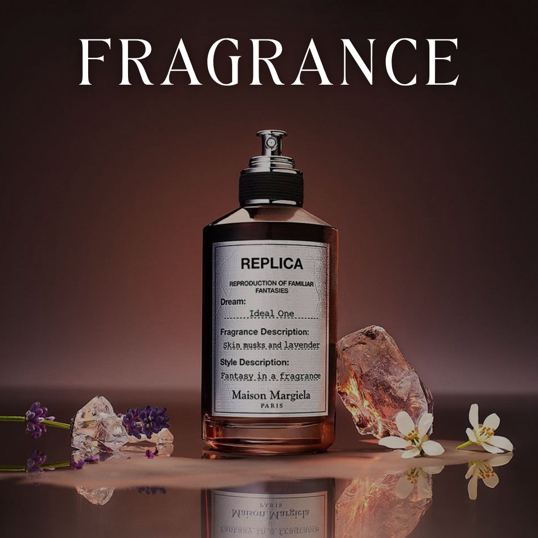 Four perfume bottles surrounded by ice cream scoops and waffle cone pieces to convey sweet fragrance.