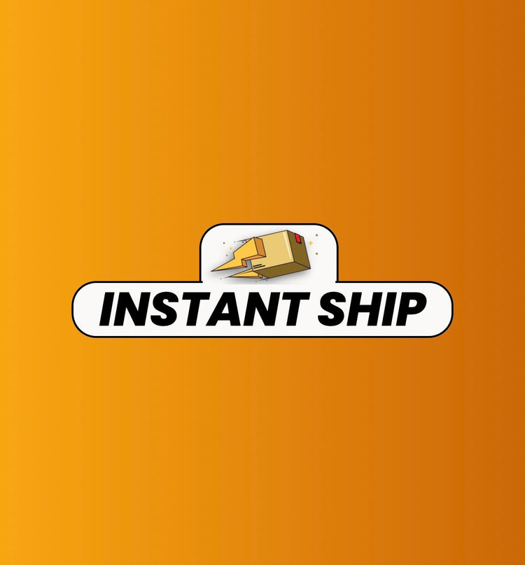  "INSTANT SHIP" logo with a golden-brown parcel and a stylized yellow lightning bolt underneath, on an orange background.