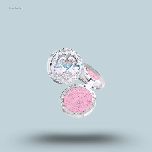 Flower Knows Swan Ballet Embossed Blush in 03 Silky Ribbon, lavender-pink matte powder in swan compact