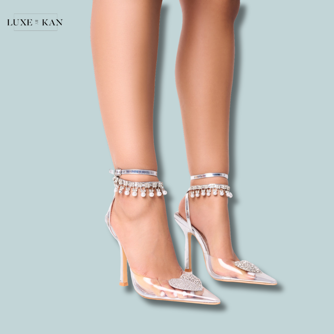 PUBLIC DESIRE BLESSING SILVER CLEAR PERSPEX DIAMANTE HEART ANKLE PEARL DETAILING COURT STILETTO HEELS