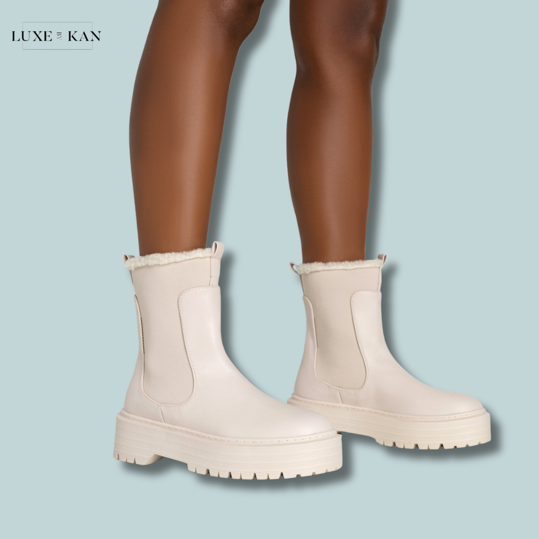 PUBLIC DESIRE ALPINE CREAM PU FAUX FUR TRIM ELASTICATED ANKLE DETAIL ROUNDED TOE CHUNKY SOLE ANKLE BOOTS