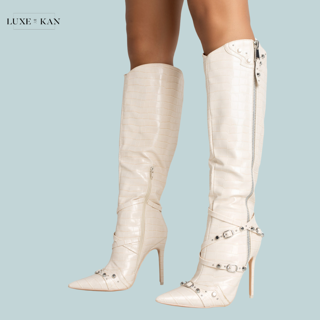 PUBLIC DESIRE WORTHY CROC STUDDED ZIP DETAIL POINTED TOE STILETTO KNEE HIGH BOOTS