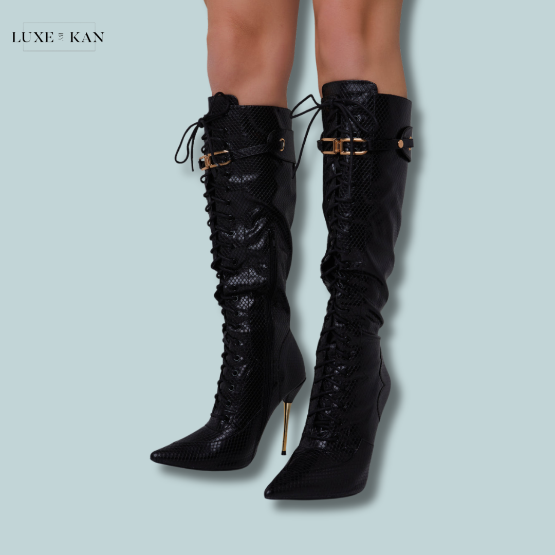 PUBLIC DESIRE INFATUATED CROC LACE UP BUCKLE FEATURE POINTED TOE GOLD STILETTO KNEE HIGH BOOTS