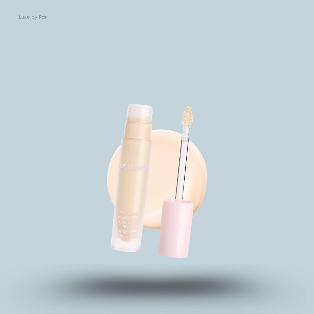 Kylie Cosmetics Power Plush Longwear Concealer bottle and swatch on blue background — LBK India