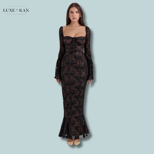 HOUSE OF CB Delilah Black Long Sleeve Lace Maxi Dress