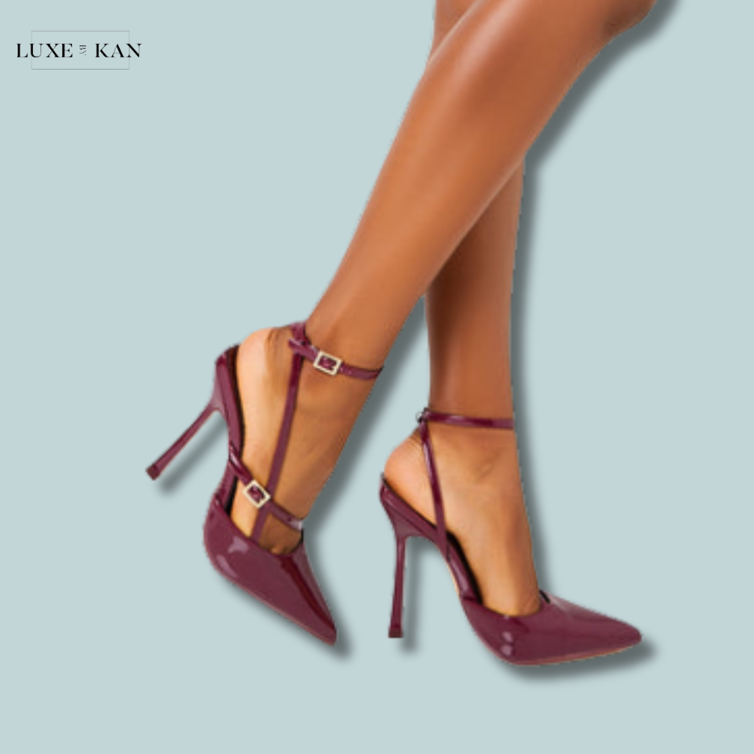 PUBLIC DESIRE IDOL BURGUNDY PATENT BUCKLE STRAPPY DETAIL STILETTO POIN Luxe by Kan