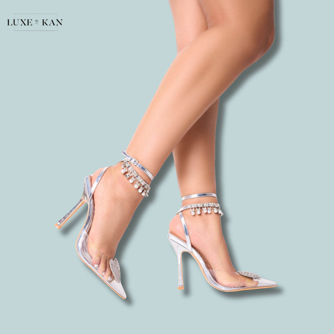 PUBLIC DESIRE BLESSING SILVER CLEAR PERSPEX DIAMANTE HEART ANKLE PEARL DETAILING COURT STILETTO HEELS