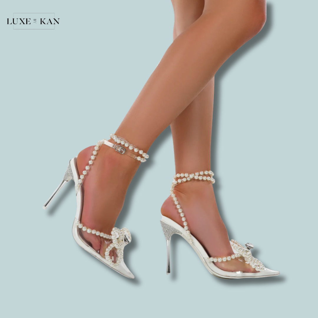 PUBLIC DESIRE PEARL BOW CLEAR PERSPEX WRAP AROUND POINTED TOE STILETTO Luxe by Kan