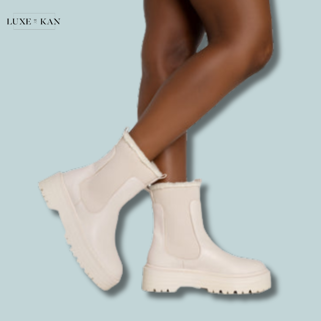 PUBLIC DESIRE ALPINE CREAM PU FAUX FUR TRIM ELASTICATED ANKLE DETAIL ROUNDED TOE CHUNKY SOLE ANKLE BOOTS