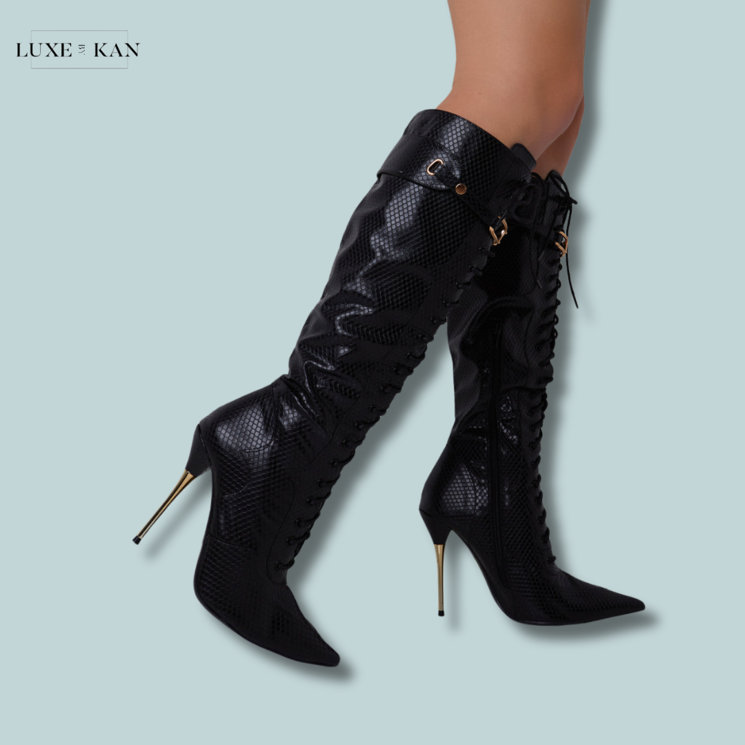 PUBLIC DESIRE INFATUATED CROC LACE UP BUCKLE FEATURE POINTED TOE GOLD STILETTO KNEE HIGH BOOTS