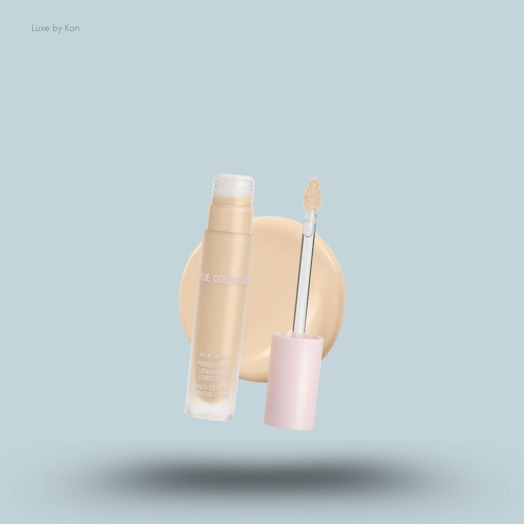 Kylie Cosmetics Power Plush Longwear Concealer bottle and swatch on blue background — LBK India