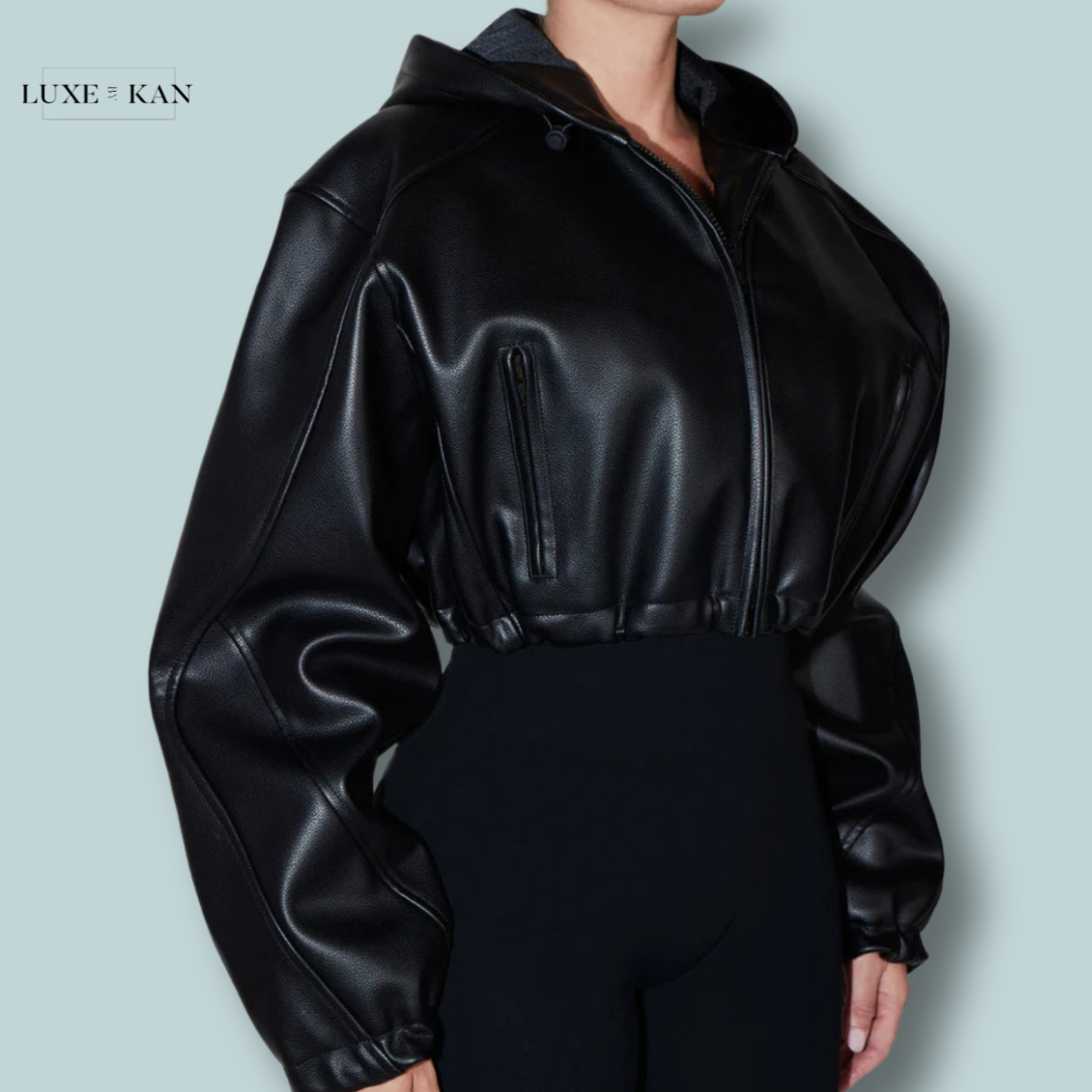 KHY Faux Leather Cropped Hooded Jacket