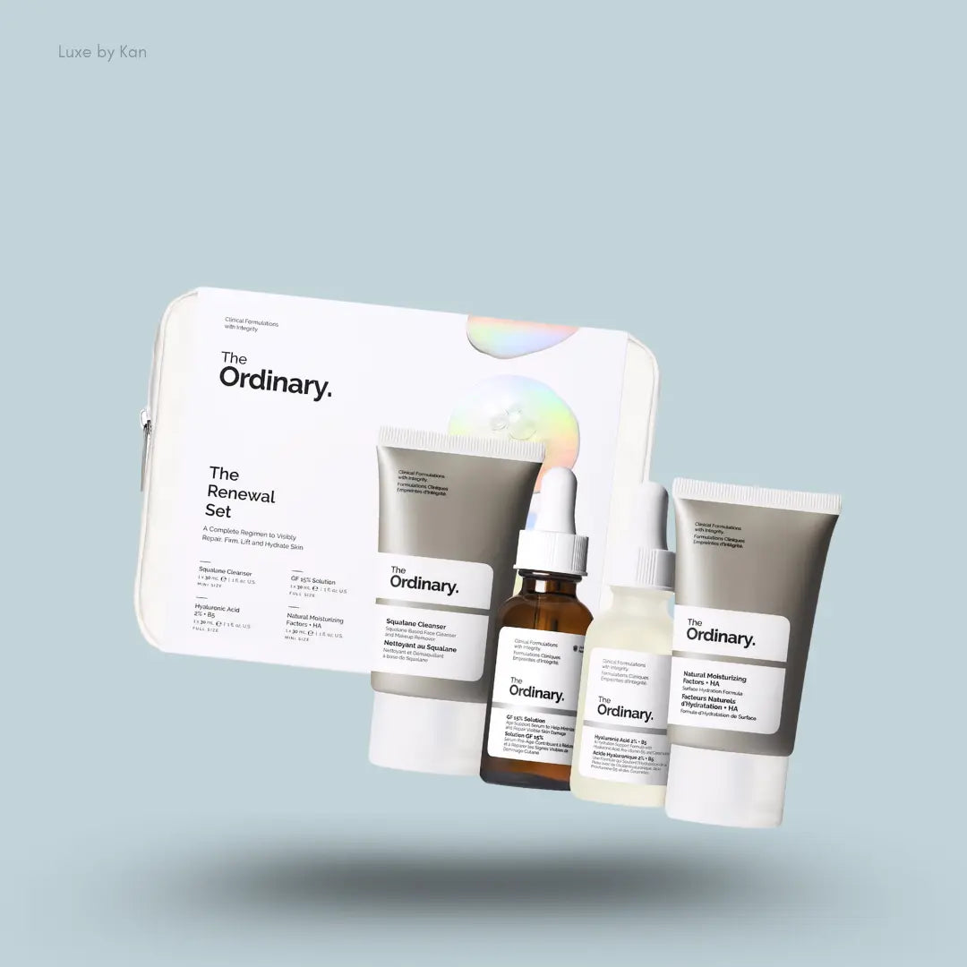 The Ordinary The Renewal Set with serum, retinoid emulsion, rose hip oil and packaging