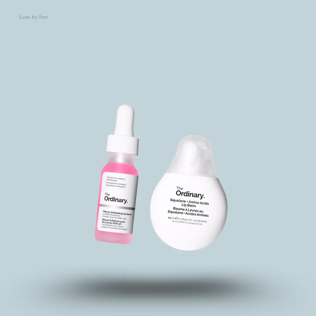 The Ordinary Smooth & Hydrate Lip Duo PHA lip serum and squalane lip balm on blue background