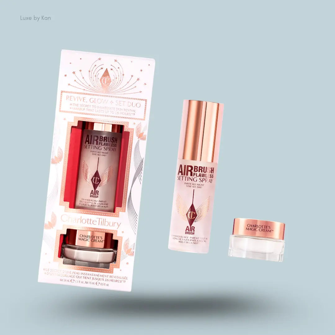 Charlotte Tilbury Revive, Glow + Set Duo with Magic Cream and Airbrush Flawless Setting Spray and packaging