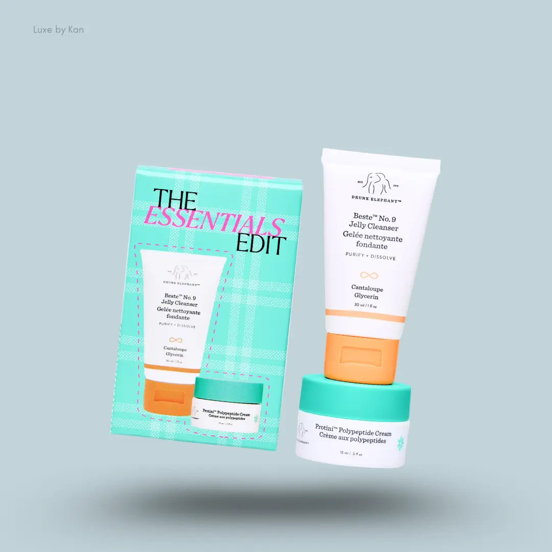 Drunk Elephant The Essentials Edit with Beste No. 9 cleanser and Protini cream and packaging