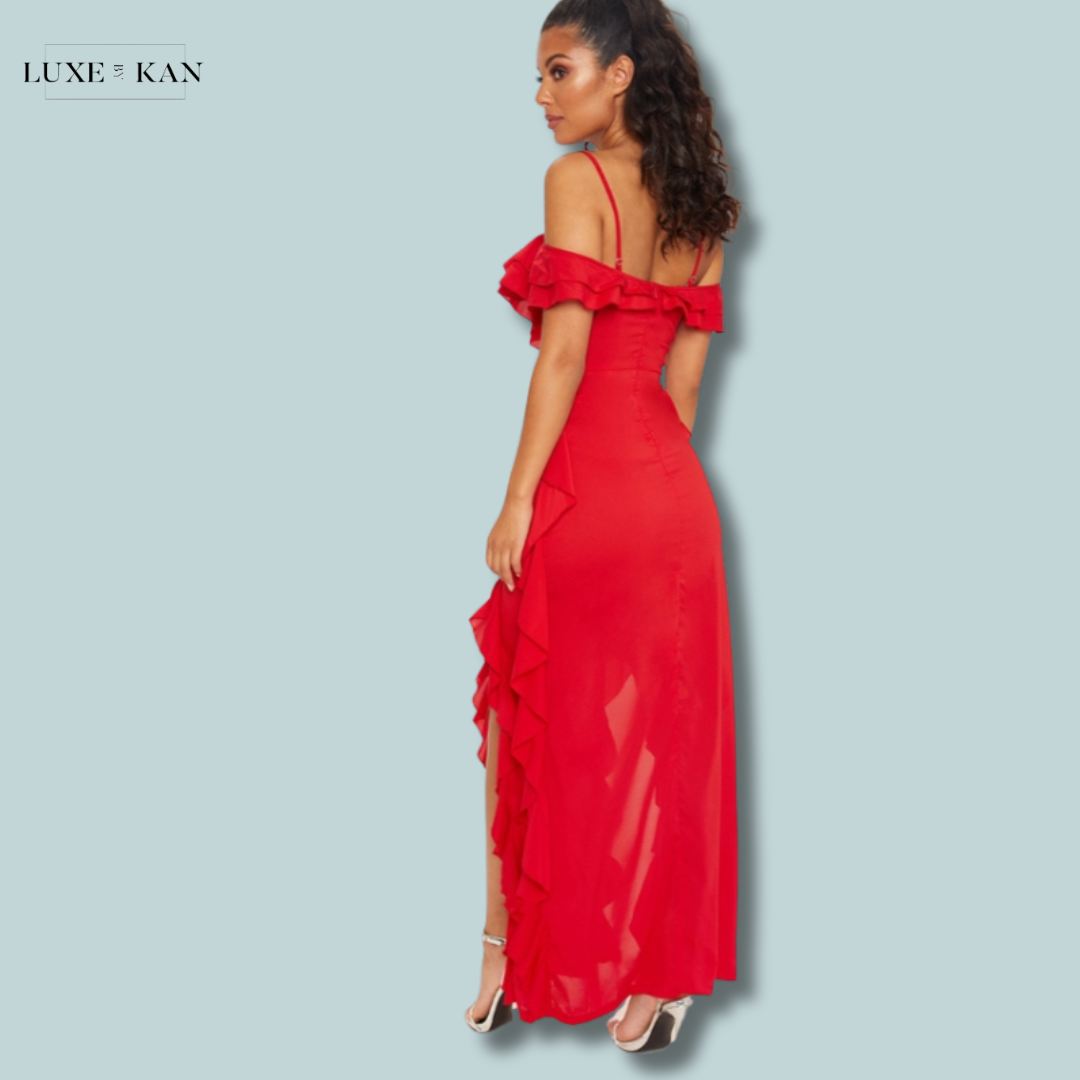 Cold shoulder flounce dress clearance