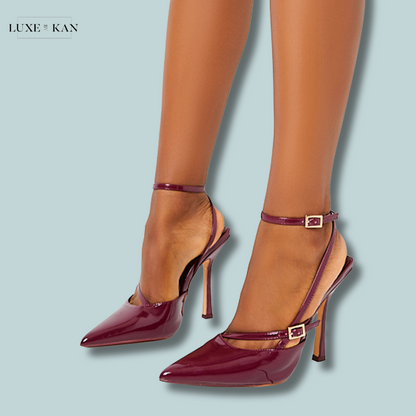 PUBLIC DESIRE IDOL BURGUNDY PATENT BUCKLE STRAPPY DETAIL STILETTO POINTED TO COURT HIGH HEELS