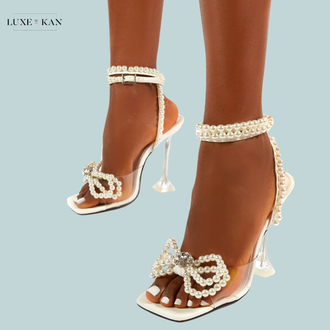 PUBLIC DESIRE GLIMMER WHITE WRAP AROUND PEARL DETAIL BOW SQUARE TOE CAKE STAND HEELS