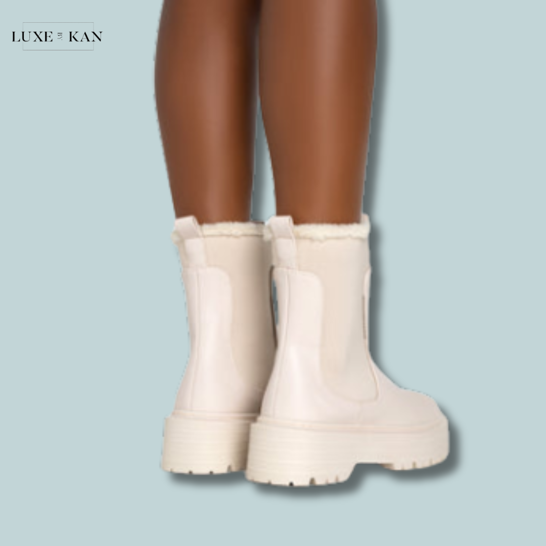 PUBLIC DESIRE ALPINE CREAM PU FAUX FUR TRIM ELASTICATED ANKLE DETAIL ROUNDED TOE CHUNKY SOLE ANKLE BOOTS