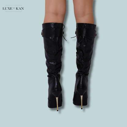 PUBLIC DESIRE INFATUATED CROC LACE UP BUCKLE FEATURE POINTED TOE GOLD STILETTO KNEE HIGH BOOTS