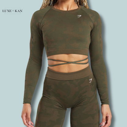 GYMSHARK ADAPT CAMO SEAMLESS RIBBED LONG SLEEVE CROP TOP