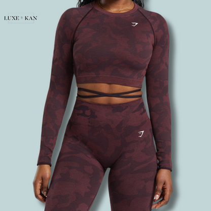 GYMSHARK ADAPT CAMO SEAMLESS RIBBED LONG SLEEVE CROP TOP