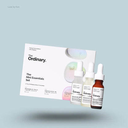 The Ordinary Mini Essentials Set three travel-size serum bottles with packaging