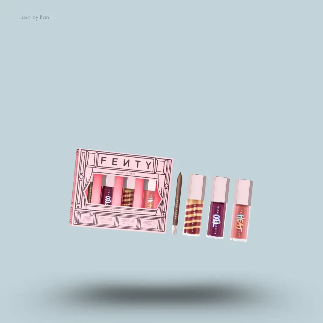 Fenty Beauty Glossy Posse IX Set with three lip glosses and lip liner and packaging