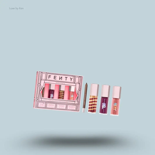 Fenty Beauty Glossy Posse IX Set with three lip glosses and lip liner and packaging