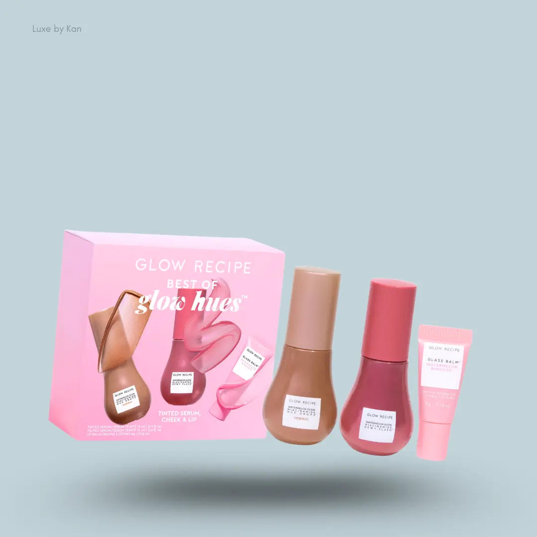 Glow Recipe Best of Glow Hues – three products with packaging on blue background