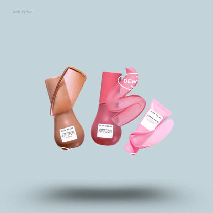 Glow Recipe Best of Glow Hues – Sun Glow, Berry Flush and Watermelon Bingsoo swatches with products on blue background