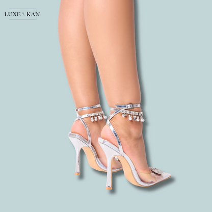 PUBLIC DESIRE BLESSING SILVER CLEAR PERSPEX DIAMANTE HEART ANKLE PEARL DETAILING COURT STILETTO HEELS