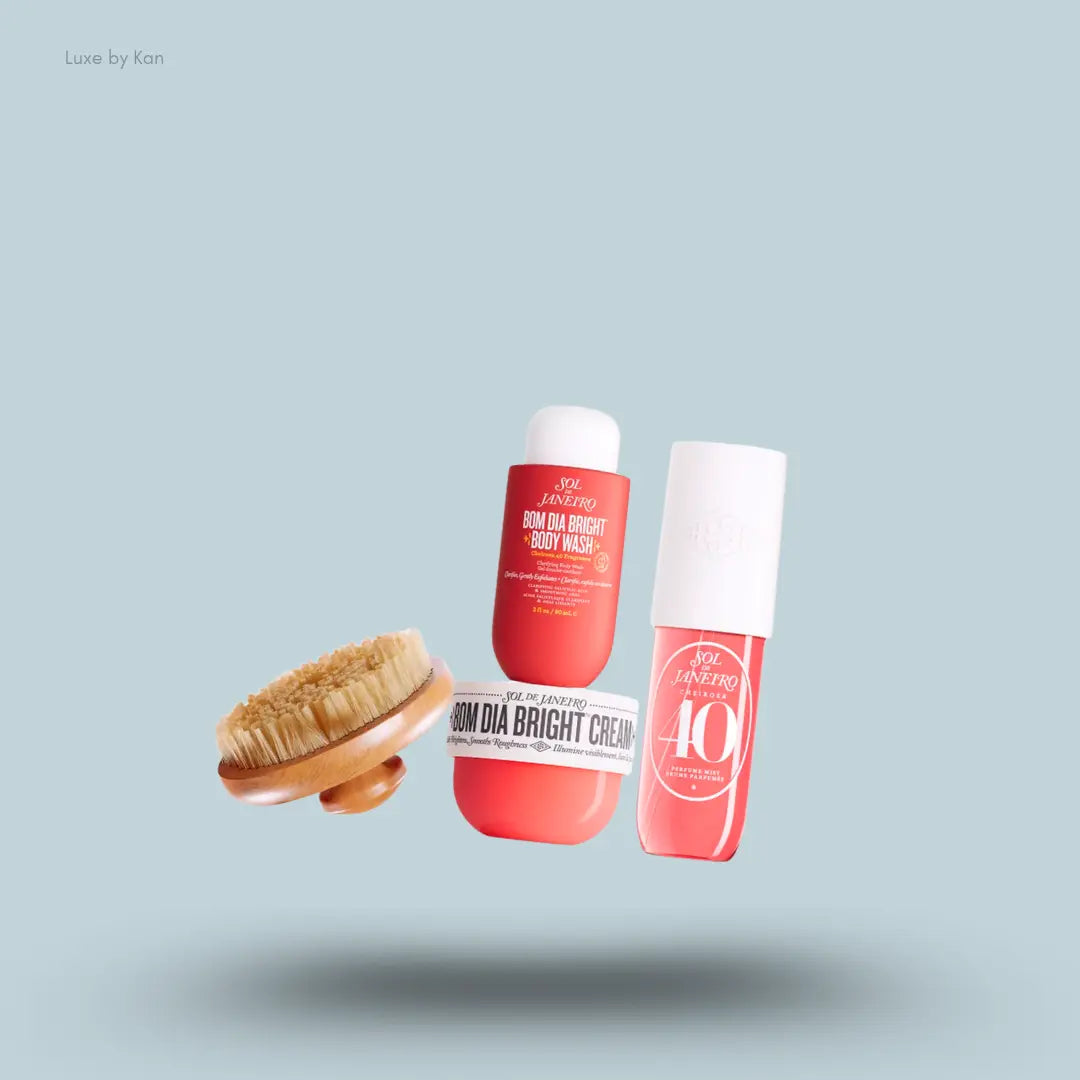 Sol de Janeiro Smooth & Bright Solidays Gift Set four body care products on a blue background