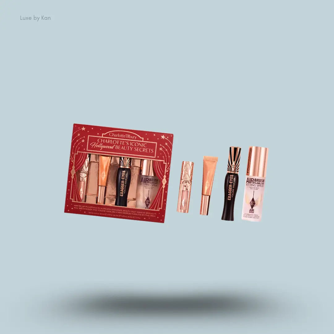 Charlotte Tilbury Iconic Hollywood Beauty Secrets with mascara, lip plumper, light wand, setting spray and packaging