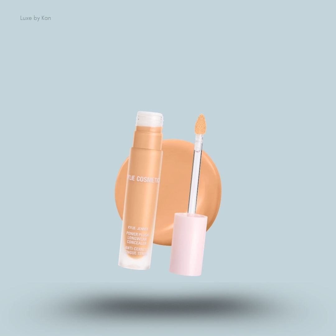 Kylie Cosmetics Power Plush Longwear Concealer bottle and swatch on blue background — LBK India