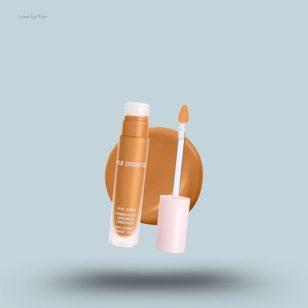 Kylie Cosmetics Power Plush Longwear Concealer bottle and swatch on blue background — LBK India