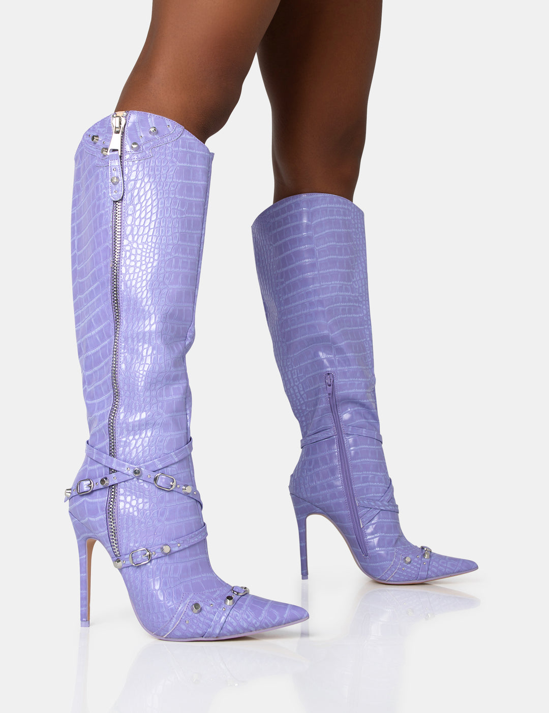 PUBLIC DESIRE WORTHY CROC STUDDED ZIP DETAIL POINTED TOE STILETTO KNEE HIGH BOOTS