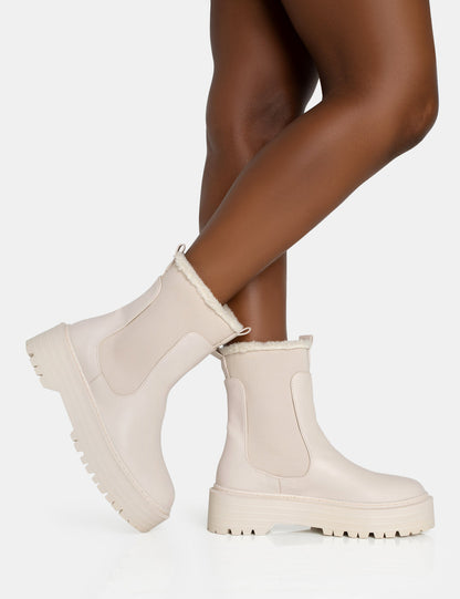 PUBLIC DESIRE ALPINE CREAM PU FAUX FUR TRIM ELASTICATED ANKLE DETAIL ROUNDED TOE CHUNKY SOLE ANKLE BOOTS